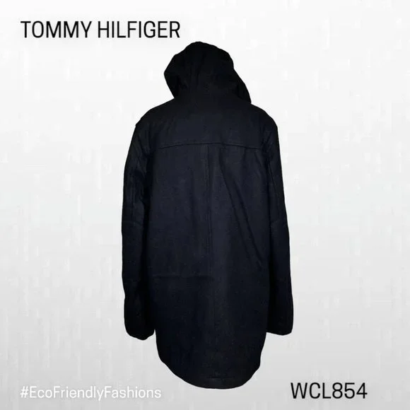 Tommy Hilfiger Mens Black Wool Blend Hooded Toggle Duffle Pea Coat Size Medium i - Picture 4 of 6